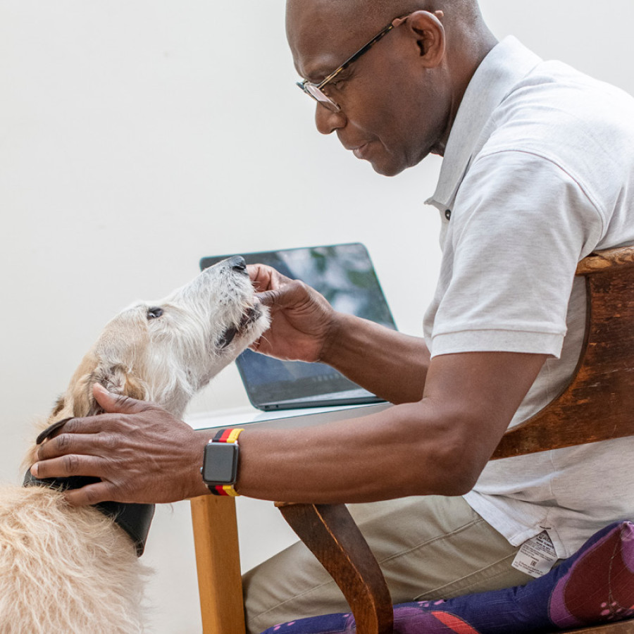 Man sitting on chair while giving dog a tablet